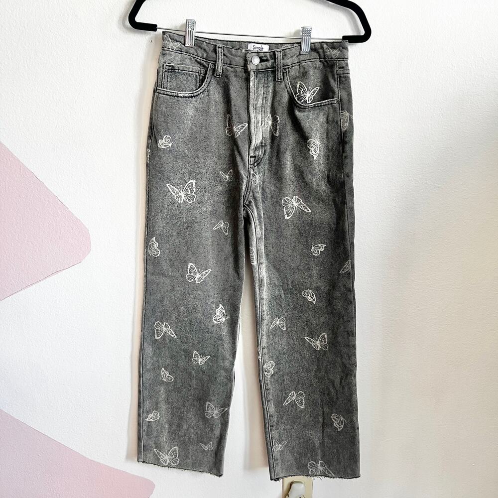 Gray Butterfly Denim Pants, Y2K, Fairy Grunge, Coquette,‎ Size 27, Grunge, Alt